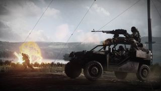 Battlefield 3 screenshot showing players in an assault vehicle crossing an area which is under heavy fire