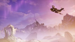 An ork plane flies over mountains