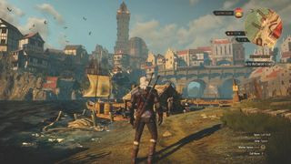 The Witcher 3: Wild Hunt screenshot of Geralt facing the city of Novigrad.