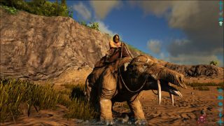 A player riding a dinosaur during Ark: Survival Evolved.
