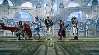 Lost Ark screenshot showing five characters standing in front of large stony structures behind them, ready for battle