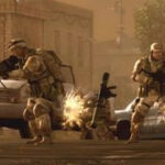 Battlefield 2: Modern Combat screenshot showing a three-person squad crossing no man