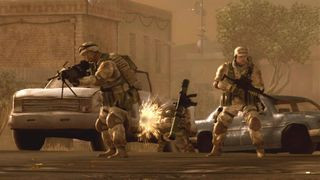 Battlefield 2: Modern Combat screenshot showing a three-person squad crossing no man