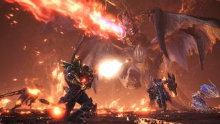 Monster Hunter World art showing large armored beings charging at one another as a flying fire breathing dragon soars in the background