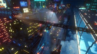Cloudpunk brilliantly showcases a vibrant, expansive cityscape viewed from above, emphasizing the stunning architectural scale and neon-lit atmosphere of Nivalis.
