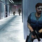 A man holding a gun behind a wall during Headhunter, one of the best Dreamcast games.