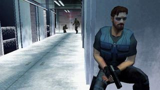A man holding a gun behind a wall during Headhunter, one of the best Dreamcast games.