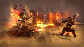 Path of Exile screenshot showing two figures battling on an arid turf, with fire and lava in the background.