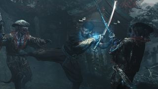 A screenshot of a fight during the upcoming PS5 game, Onimusha: Way of the Sword.