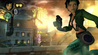Jade holding a gun while moving through the city at night in the PS2 game Beyond Good &amp; Evil.
