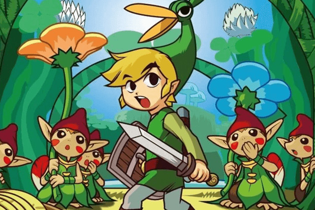 Link, miniaturized in The Legend of Zelda: The Minish Cap, stands beside a mushroom, highlighting the game's unique shrinking mechanic within the prequel timeline
