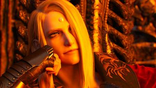 Final Fantasy XIV screen showing villain Zenos yae Galvus sitting on a throne on the moon, showcasing the game's epic storyline and stunning visuals