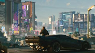 A player standing with a car in Cyberpunk 2077 at night