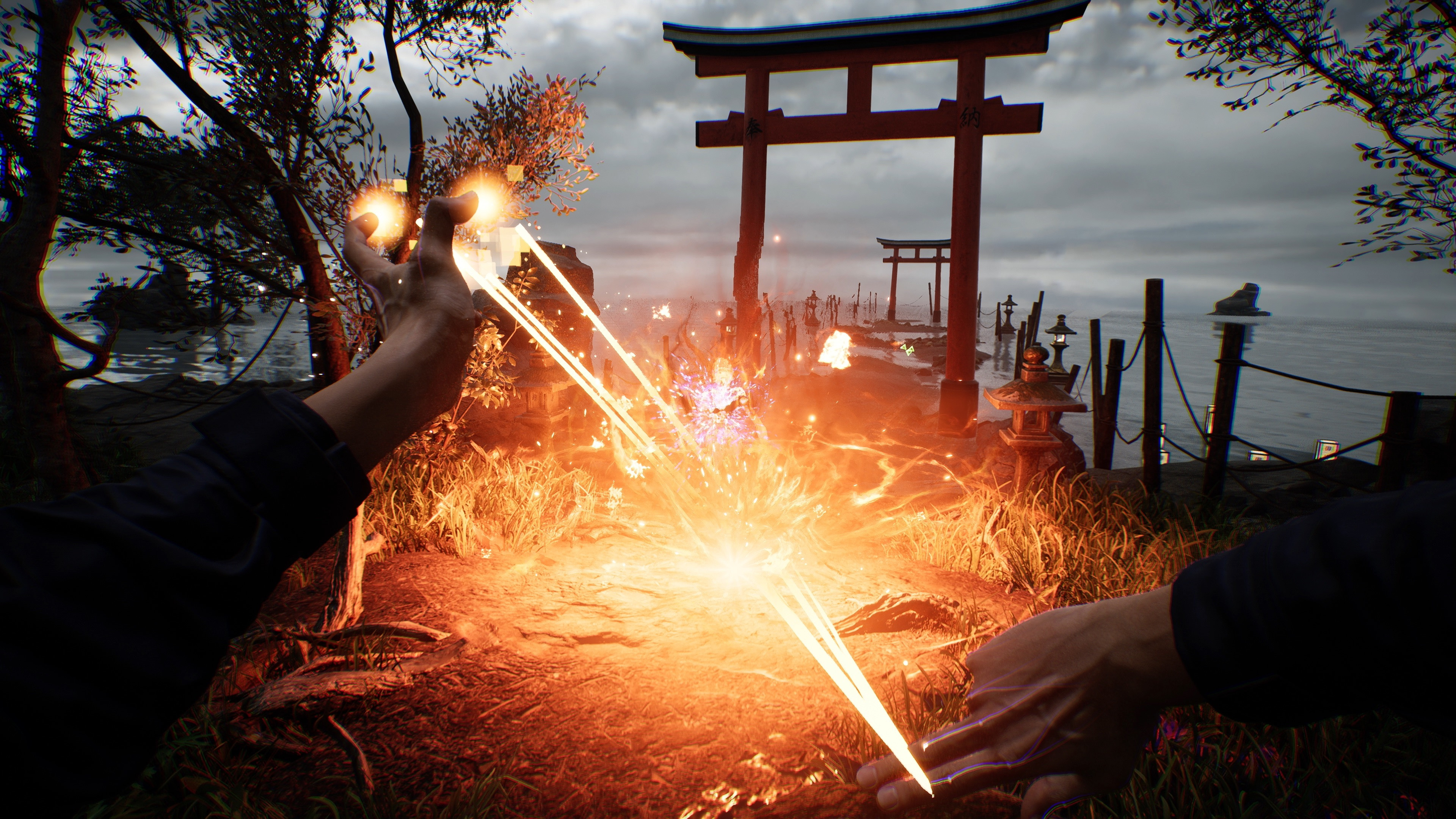 Akito pulls the core out of an enemy in Ghostwire: Tokyo. Core-grabbing scene emphasizes the spectral combat in the action-adventure game.