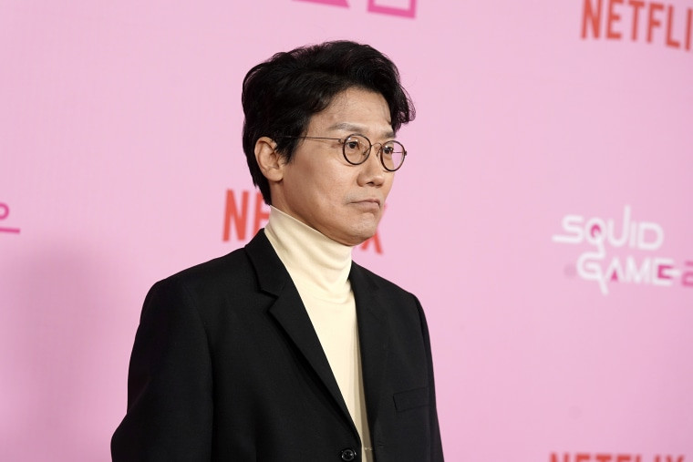 Director Hwang Dong-hyuk at the Los Angeles premiere and fan event for Netflix's Squid Game season 2 at Los Angeles City College on Dec. 12, 2024, emphasizing the Squid Game trans character name