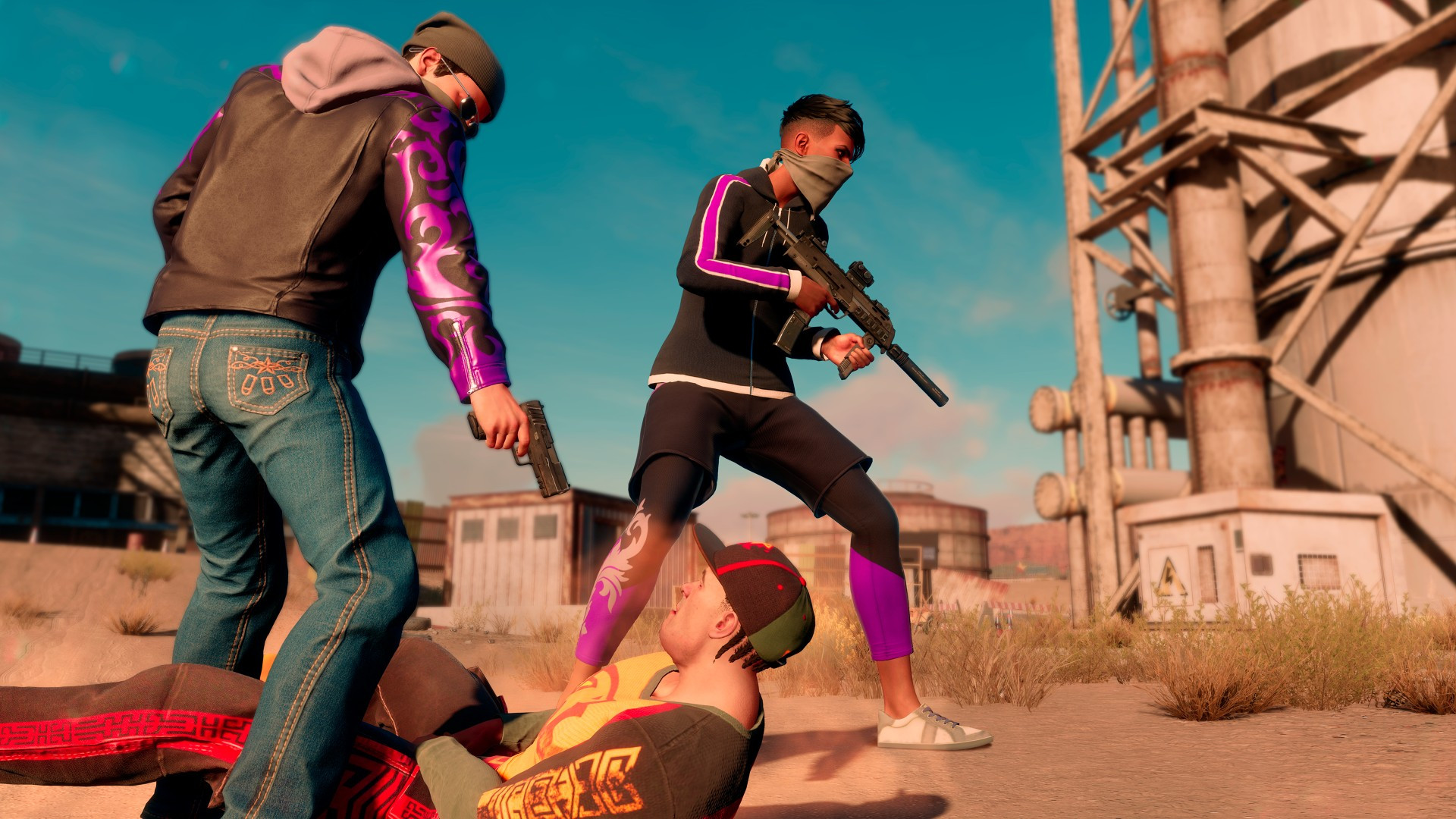 Two players holding guns during the game Saints Row