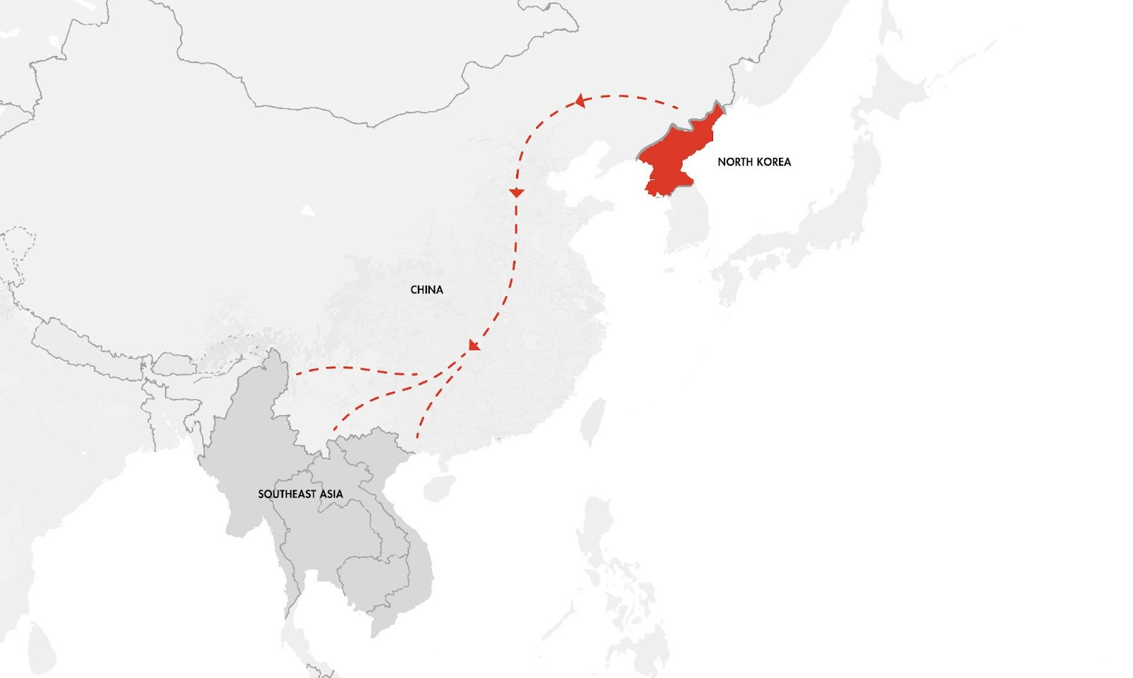 Map of the route through China and Southeast Asia for North Korean refugees