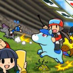 A screenshot from the Nintendo 3DS game Pocket Card Jokey showing five horses racing while a cartoon old man and young girl cheer.