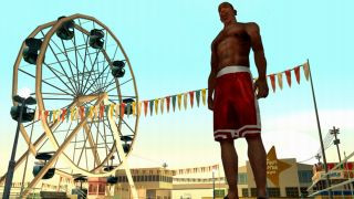 Carl Johnson standing in front of a Ferris wheel in the PS2 game Grand Theft Auto: San Andreas