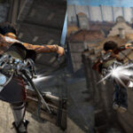 Eren Yeager in Attack on Titan 2, wielding his blades against a Titan