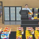 TCG Card Shop Simulator screenshot showing a shop owner helping a customer.