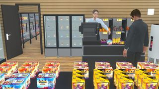TCG Card Shop Simulator screenshot showing a shop owner helping a customer.