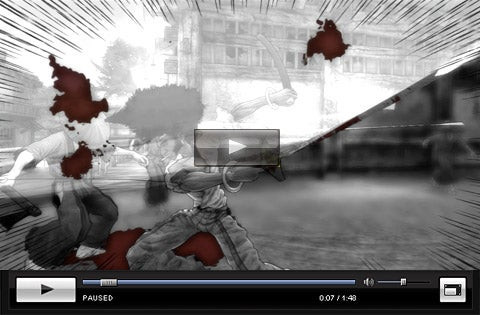 Afro Samurai focuses on a group of enemies, sword out, ready to attack