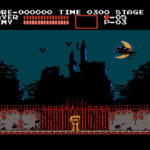 Castlevania NES gameplay featuring Simon Belmont whipping a candle for a power-up, highlighting the game's action-platformer elements and gothic setting.