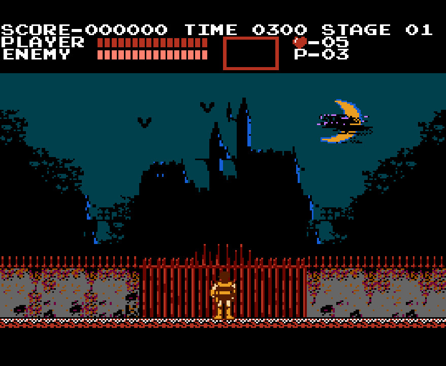Castlevania NES gameplay featuring Simon Belmont whipping a candle for a power-up, highlighting the game's action-platformer elements and gothic setting.