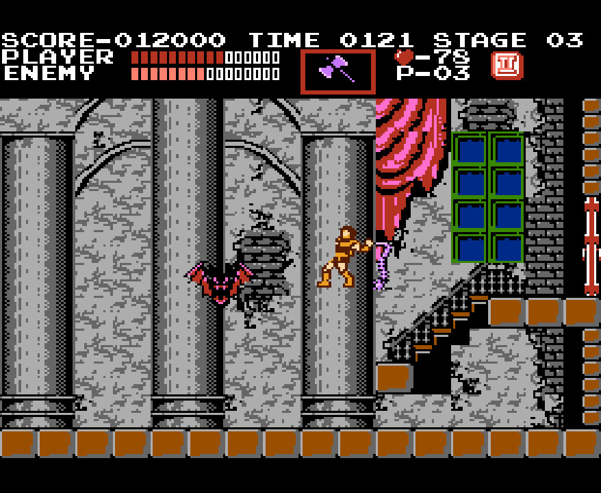 Castlevania NES, Axe sub-weapon against Giant Bat, showcasing strategic boss battles.
