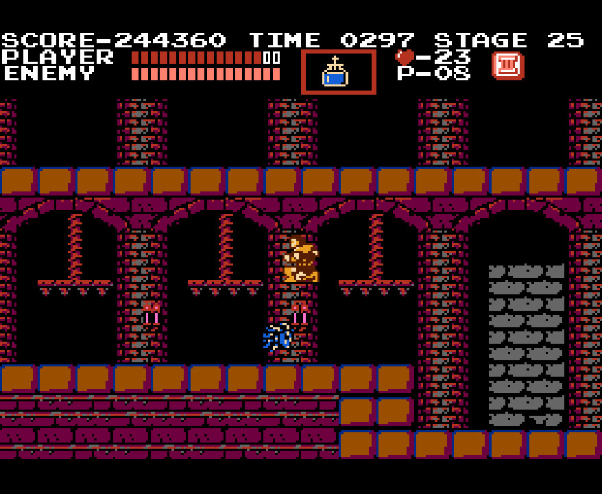 Gameplay image from Akumajou Dracula showing flying Medusa heads, an example of challenging enemy encounters and collision mechanics in the Castlevania NES game.