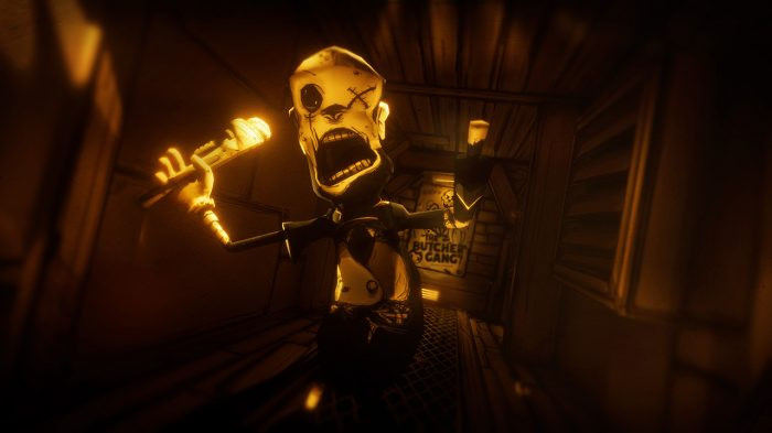 Henry in Bendy and the Ink Machine investigating a room filled with ink