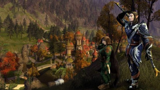 An elf and a hobbit standing in the trees near a town in Lord of the Rings Online
