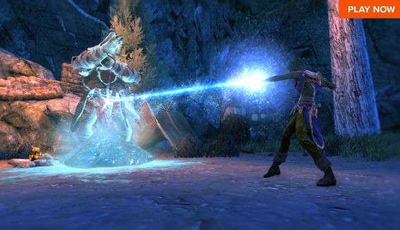 A character firing a magical beam at a monster in Neverwinter
