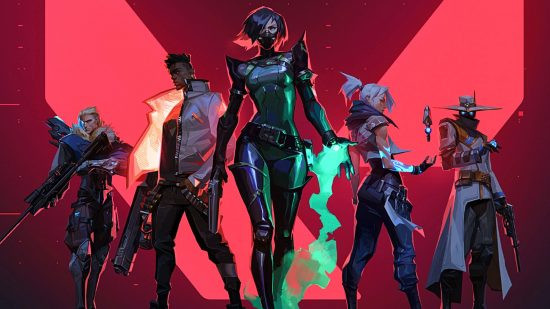 The Valorant heroes stand side-by-side against a red background