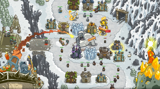 Best mobile games: Kingdom Rush. Image shows a large battle taking place in a snowy tundra.