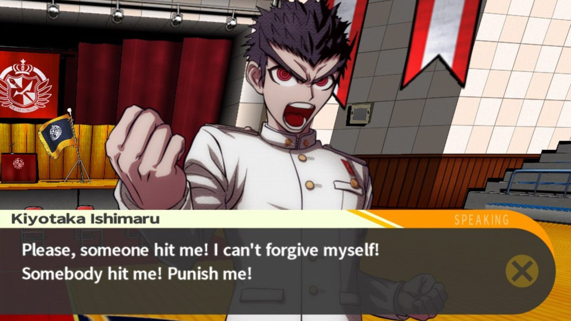 Best offline games: Danganronpa. Image shows a furious character in a kitchen.