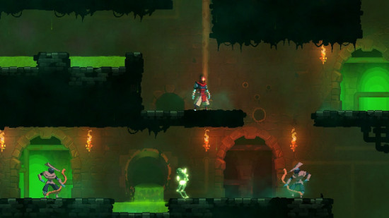 Best offline games: Dead Cells. Image shows a screenshot from the game where the protagonist is standing in a cave.