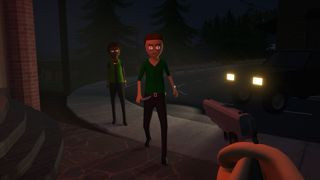 Schedule 1 screenshot of a player pointing a gun at a character.