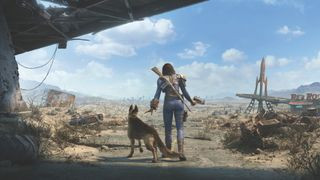 A character walking into the Wasteland with a dog next to her during Fallout 4