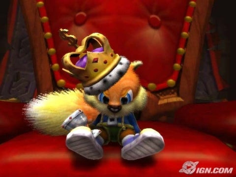 Conker ready to reload and engage in battle, showcasing the game's action-packed moments.