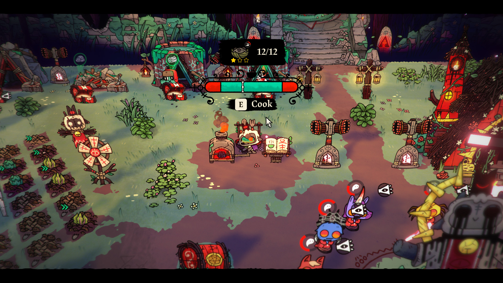 The lamb cooks some meals in the compound in Cult of the Lamb, depicting the cult-building gameplay.