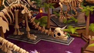 Two Point Museum screenshot of a child hugging a dinosaur skull.