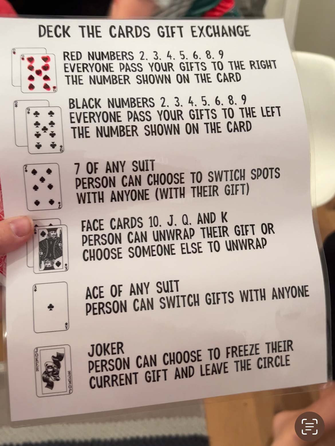 Hand holding a card guide to a deck of cards gift exchange