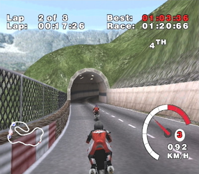 Screenshot from Ducati World showing a motorcycle on a track, highlighting the game's poor graphics and lack of speed duc
