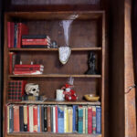 A bookshelf with a melting clock and an assortment of books and spooky trinkets.