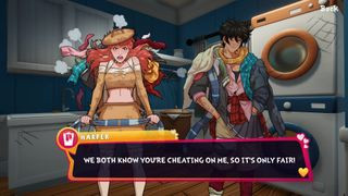 Date Everything: A character named Harper dressed like a laundry basket appears to argue with another character that has laundry draped over them