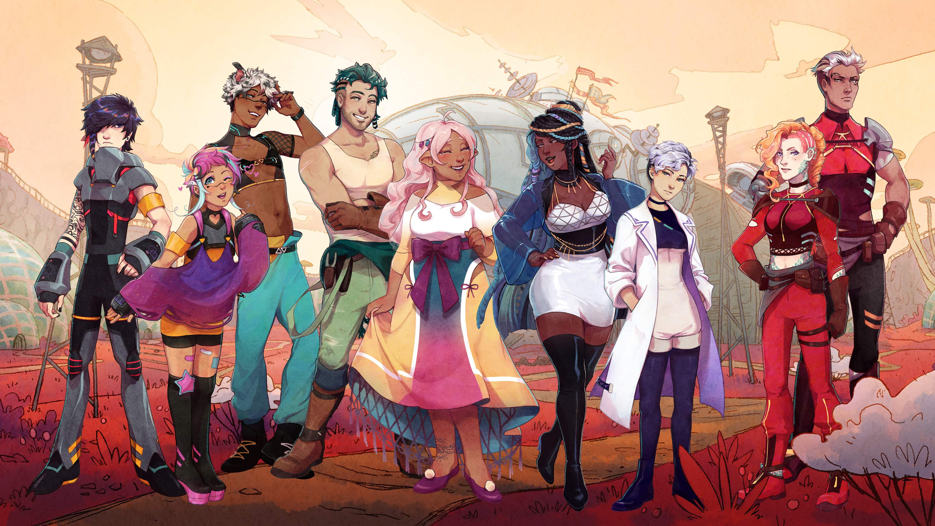 The cast of I Was a Teenage Exocolonist stands shoulder to shoulder and looks at the camera. A diverse group of characters in the coming-of-age colony sim game.