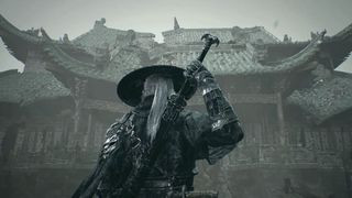 A player holding a massive sword on their back during the upcoming PC game Phantom Blade 0.