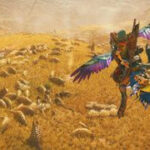 A Hunter riding a Seikret across the Windward Plains in Monster Hunter Wilds, with herds of small monsters gathering below